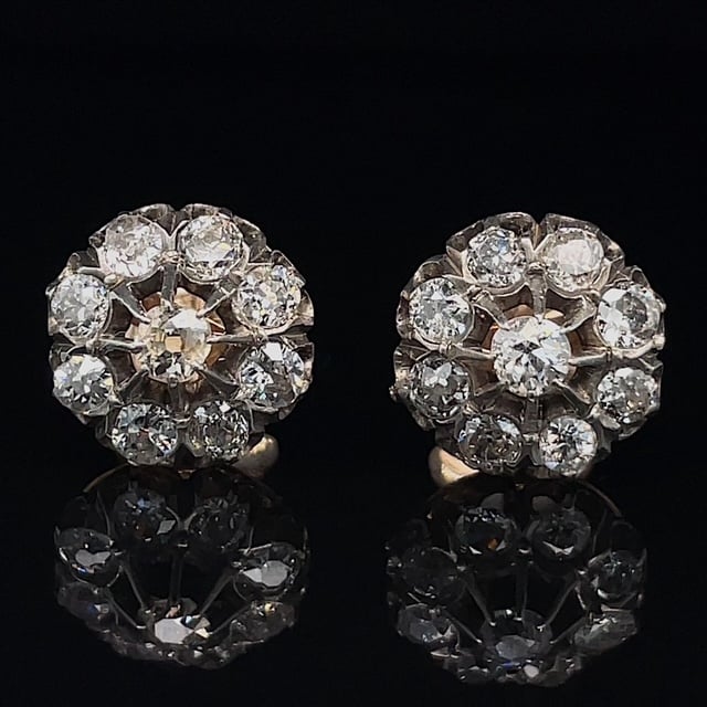 Pair of round diamond cluster earrings on a black background, sparkling reflections beneath them.