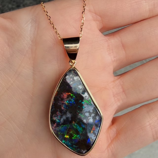Gold chain necklace with a teardrop-shaped opal pendant framed in gold, showing iridescent blue, green, and red flashes against a dark background.