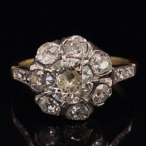 Diamond cluster ring with a central stone surrounded by smaller diamonds in a floral halo on a gold band, close-up view.