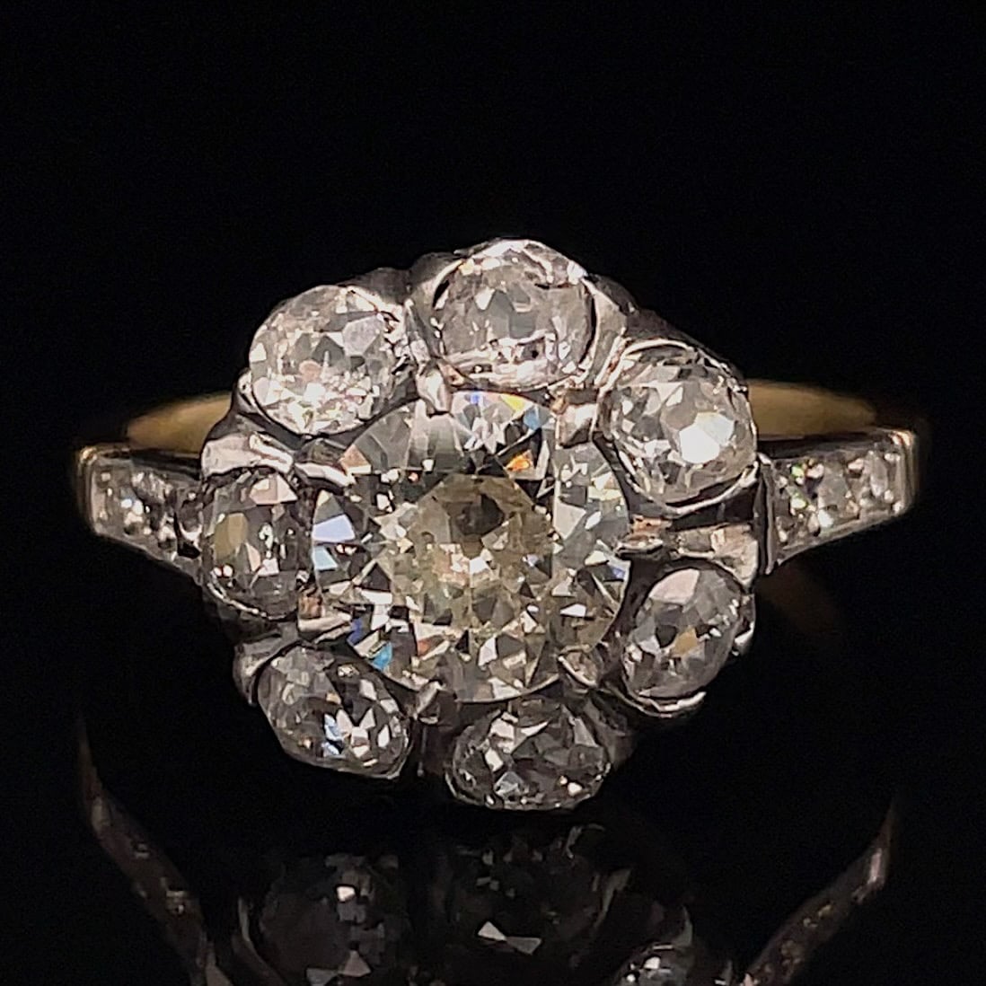 Diamond cluster ring with a central stone surrounded by smaller diamonds in a floral halo on a gold band, close-up view.