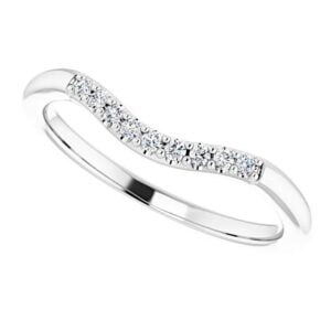 Silver ring with a curved row of diamonds along the top edge.