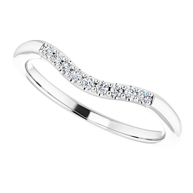 Silver ring with a curved row of diamonds along the top edge.